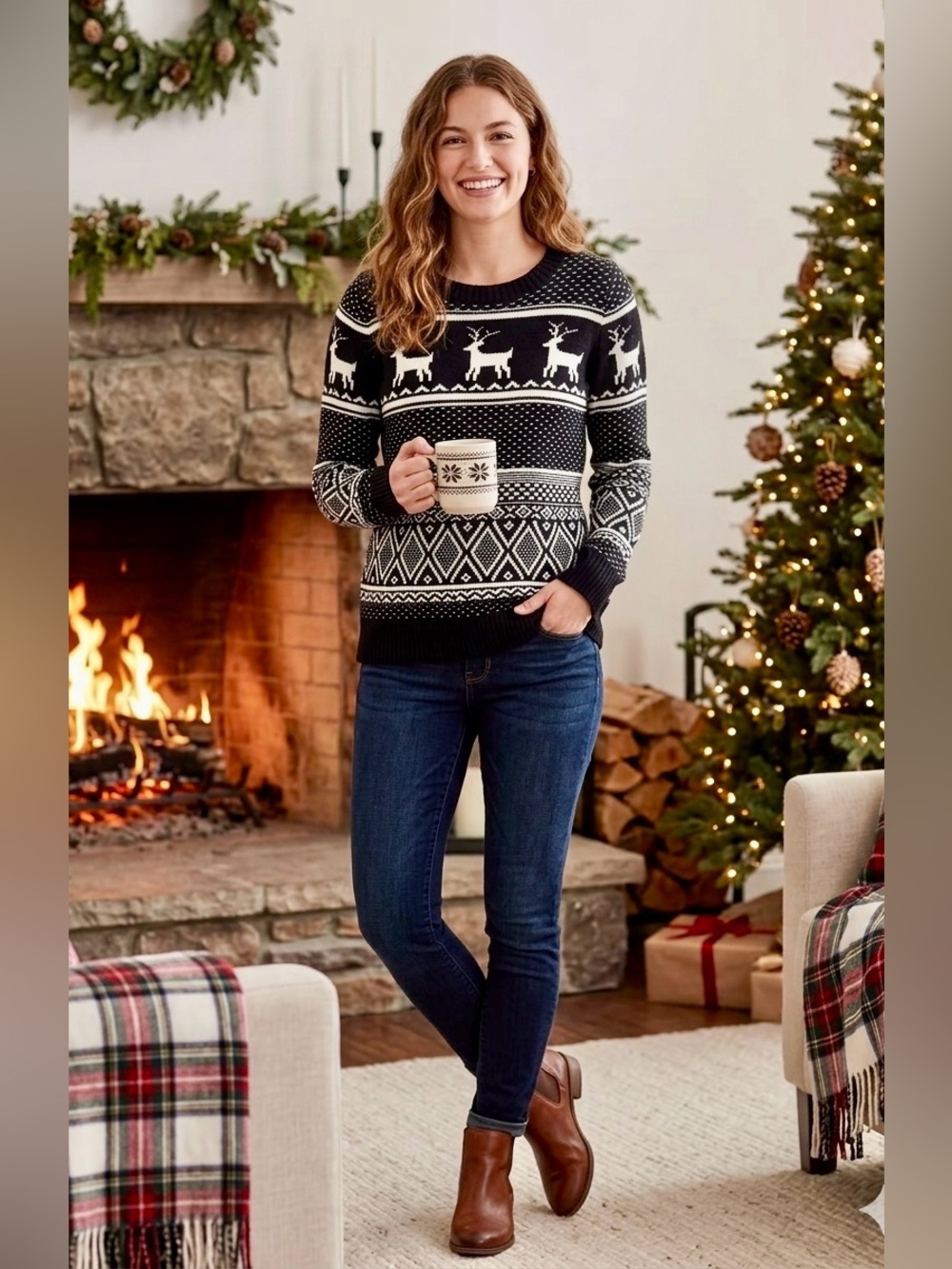 Old Navy Fair Isle Reindeer Christmas Sweater Black White Size Small Petite